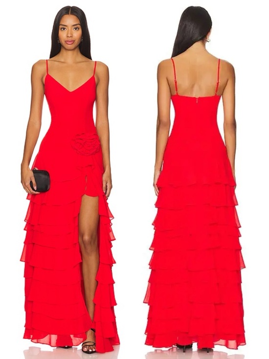 NBD Aliza Tiered Gown Maxi Dress Red High Slit Adjustable Straps NEW with tags
